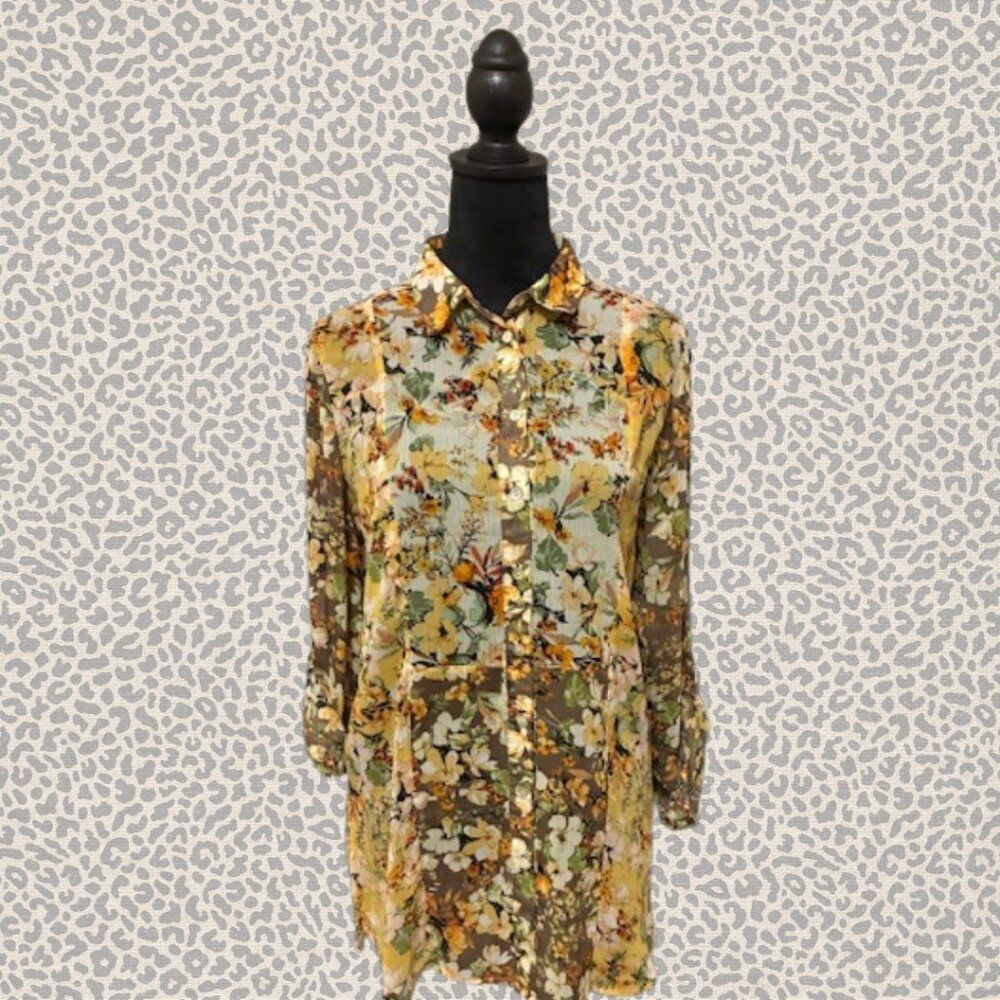 Women's Blouse Long Sleeve Sheer Floral Size Medium